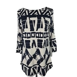 Peck & Peck White Navy Geometric Stretch-Knit  Slit 3/4 Sleeve Tunic Top Medium